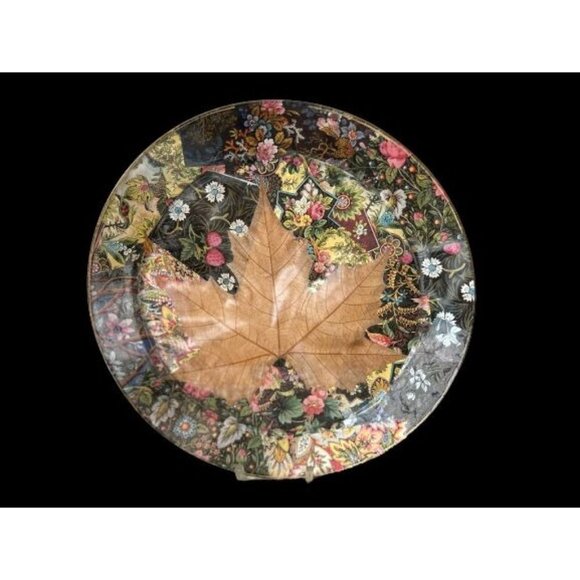 Large Vtg Signed Glass Serving Plate Decoupage Raspberries Leaves 13" - Picture 1 of 12